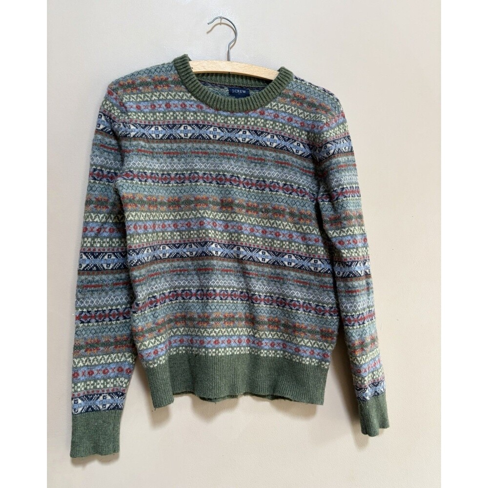 J. Crew Lambswool Blend Fair Isle Crewneck Sweater Mens Small Green Runs Small